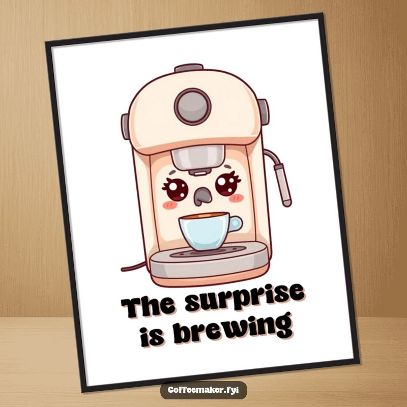 Funny Kawaii Espresso Machine digital art print with wide, surprised eyes, bringing humor and a unique surprise to decor.