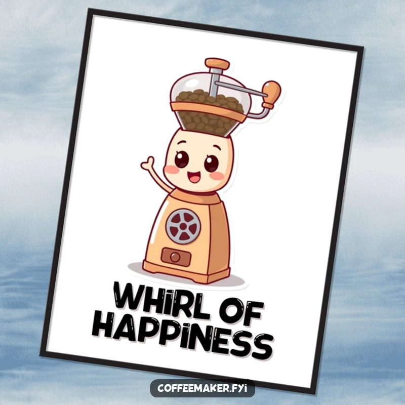 Funny cartoonish coffee grinder character happily spinning its mechanism with dynamic lines, an energetic and humorous digital art print for walls.