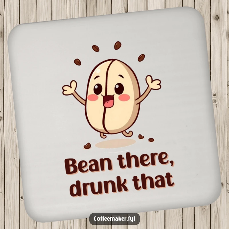 Funny coaster featuring a kawaii coffee bean character, illustrated bouncing with pure excitement.