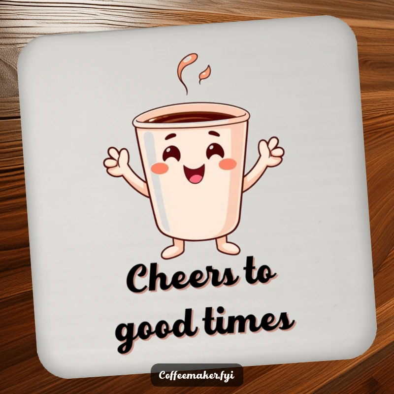 Funny cheerful coffee cup character with tiny hands cheering, featured on a protective and humorous drink coaster.