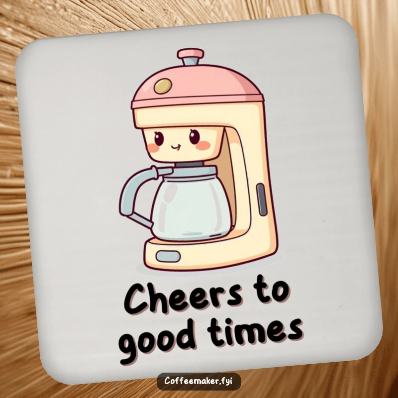 Funny Cheering Coffee Maker Coaster: Machine with spout extended, cheering, protecting surfaces with a supportive and fun vibe.