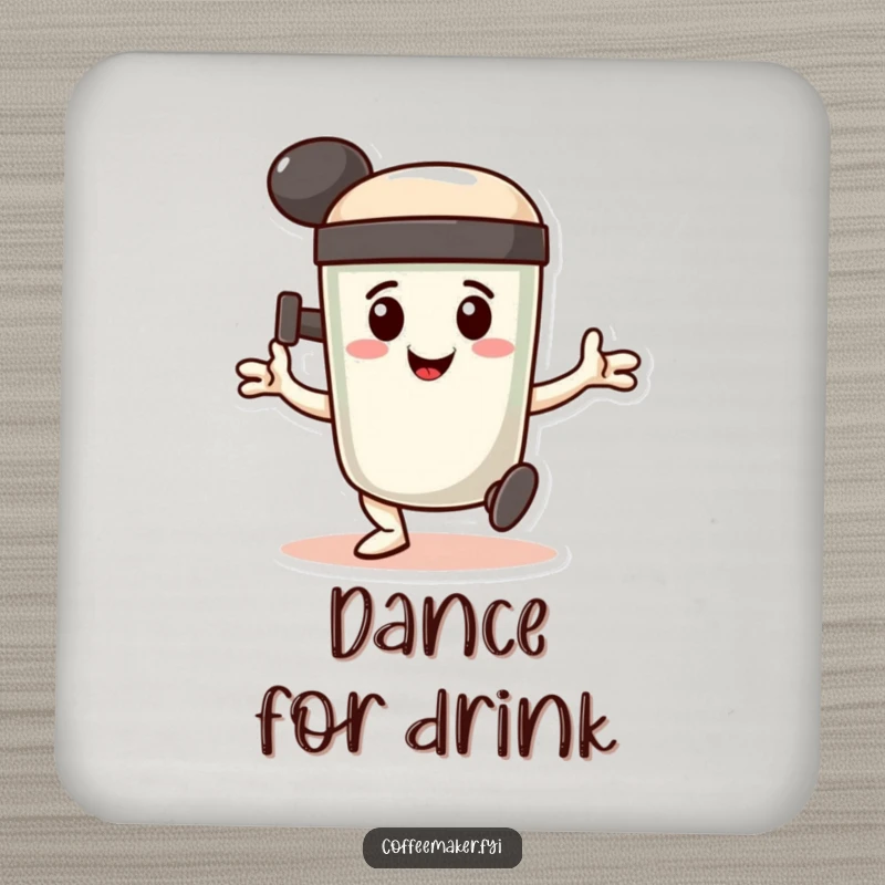 Funny Coaster: A smiling coffee tamper character doing a determined, stamping dance, protecting surfaces with humorous determination.