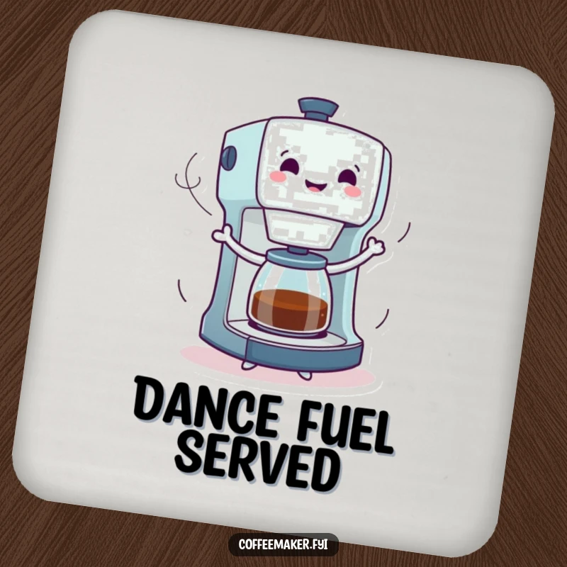 Funny drink coaster featuring a coffee maker character joyfully dancing with steam trails, adding a humorous and energetic touch to your beverage.