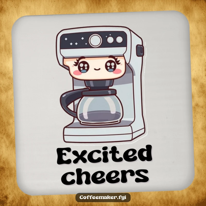 Funny drink coaster featuring a coffee maker with bright, excited eyes, protecting surfaces with a dose of enthusiasm and charm. A delightful accessory.