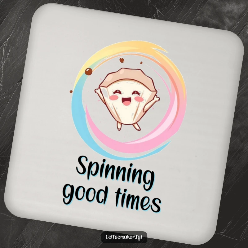 Funny delighted coffee filter character floating in a swirl, featured on a protective and humorous drink coaster.