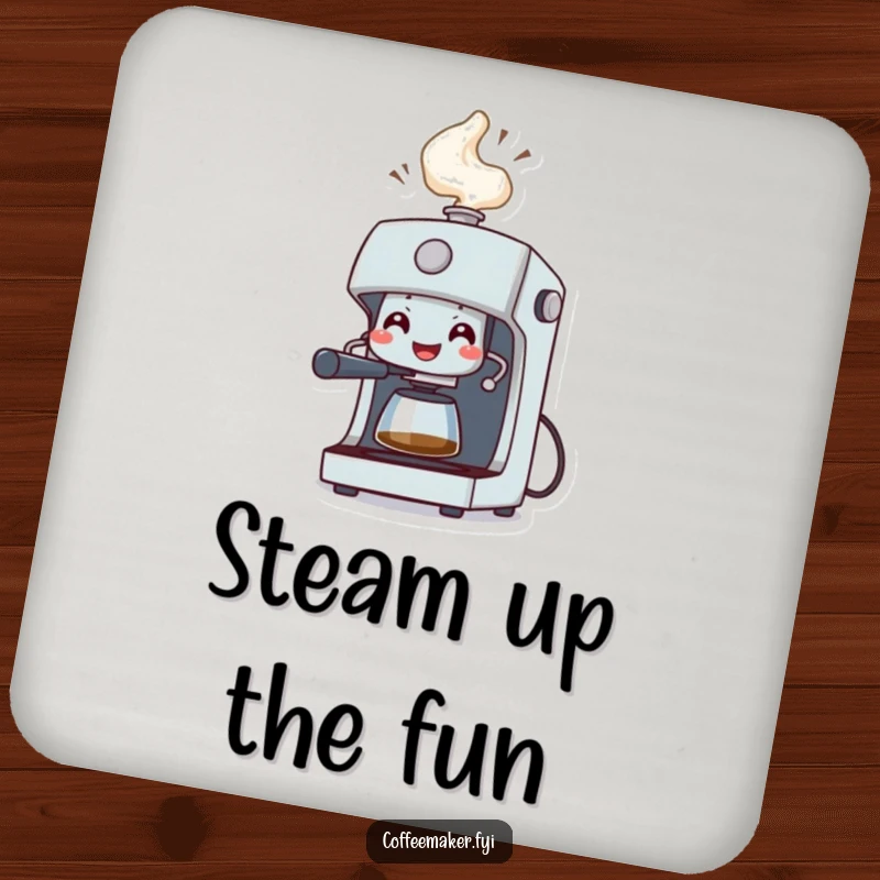 Funny Coaster: A grinning coffee machine character spraying a celebratory geyser of steam, protecting surfaces with humor.
