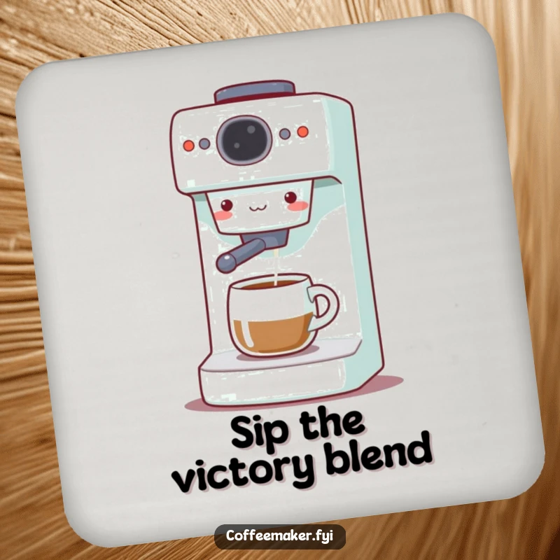 Funny Coffee Maker Coaster: Cute machine gleefully dispensing coffee, protecting surfaces with a cheerful and humorous vibe.