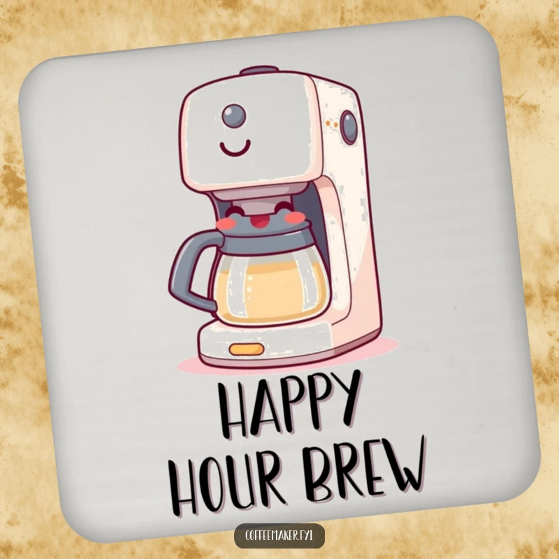 Funny drink coaster with a happy coffee maker machine boiling with a grin, providing stylish and humorous surface protection.