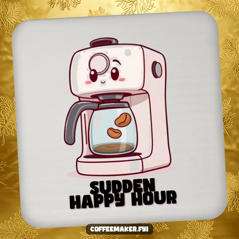 Funny drink coaster with a surprised coffee maker machine and a jumping coffee bean, offering stylish and humorous surface protection.