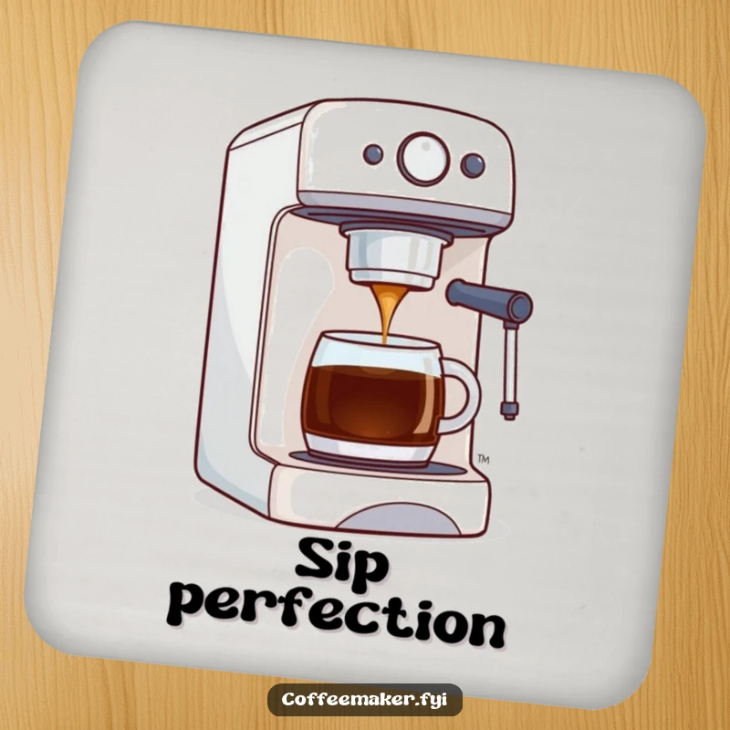 Funny drink coaster with a coffee maker machine proudly dispensing a perfect stream of coffee, offering stylish surface protection.