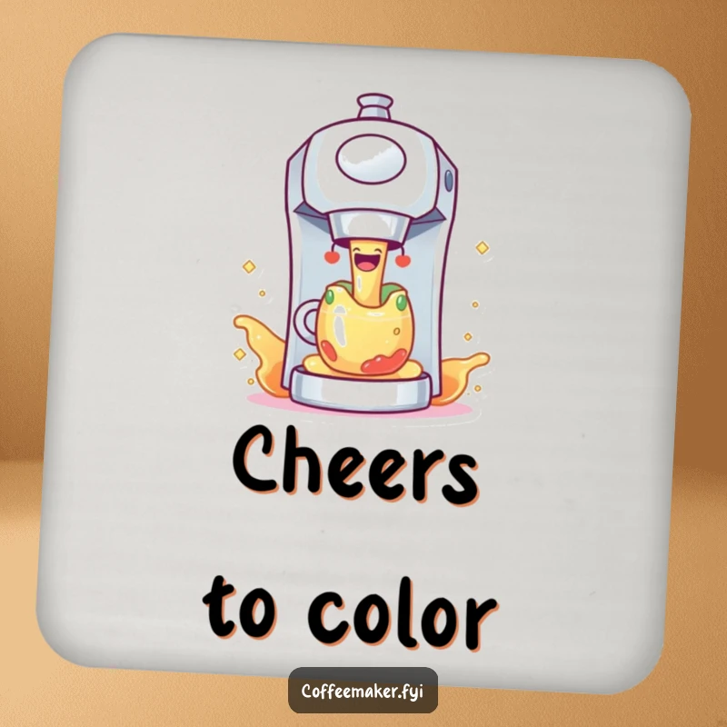 Funny coffee maker character joyfully dispensing colorful, sparkling liquid, depicted on a protective drink coaster.