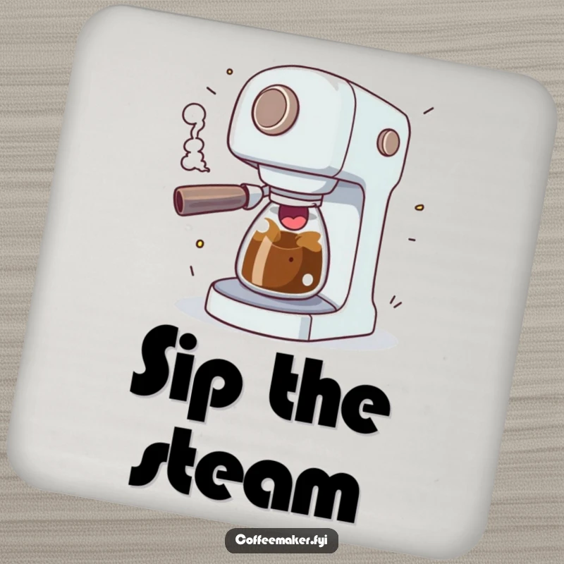 Funny coffee maker character comically sputtering with excitement, steam erupting playfully, depicted on a protective drink coaster.