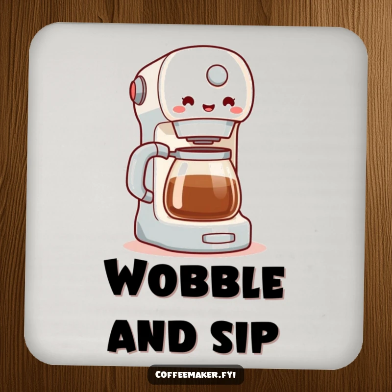 Funny drink coaster featuring a coffee maker in a happy wobble, protecting surfaces with a dose of humor and charm. A delightful accessory.