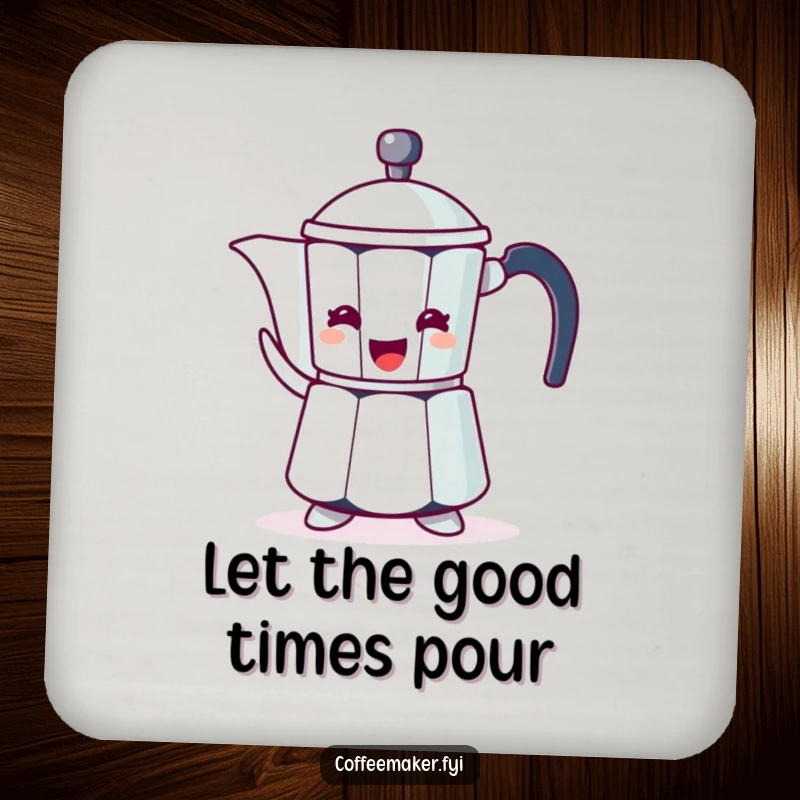 Funny coaster featuring a coffee pot character, enthusiastically gesturing with its spout.