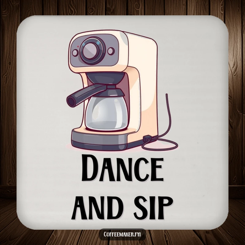 Funny coffee maker machine doing a silly dance with its cords, depicted on coasters to protect furniture.