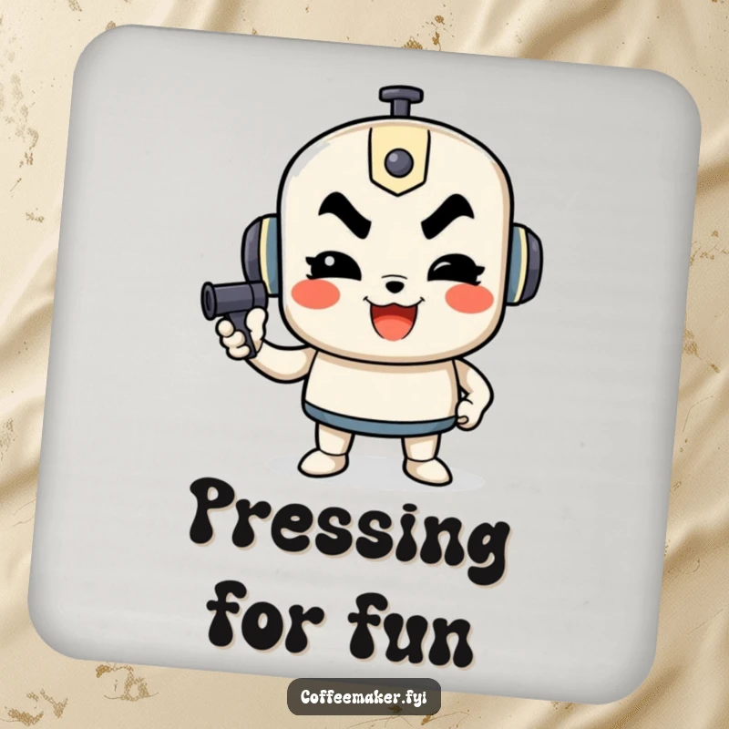 Funny coasters with a determined French press character pumping, adding humorous and protective flair to surfaces.