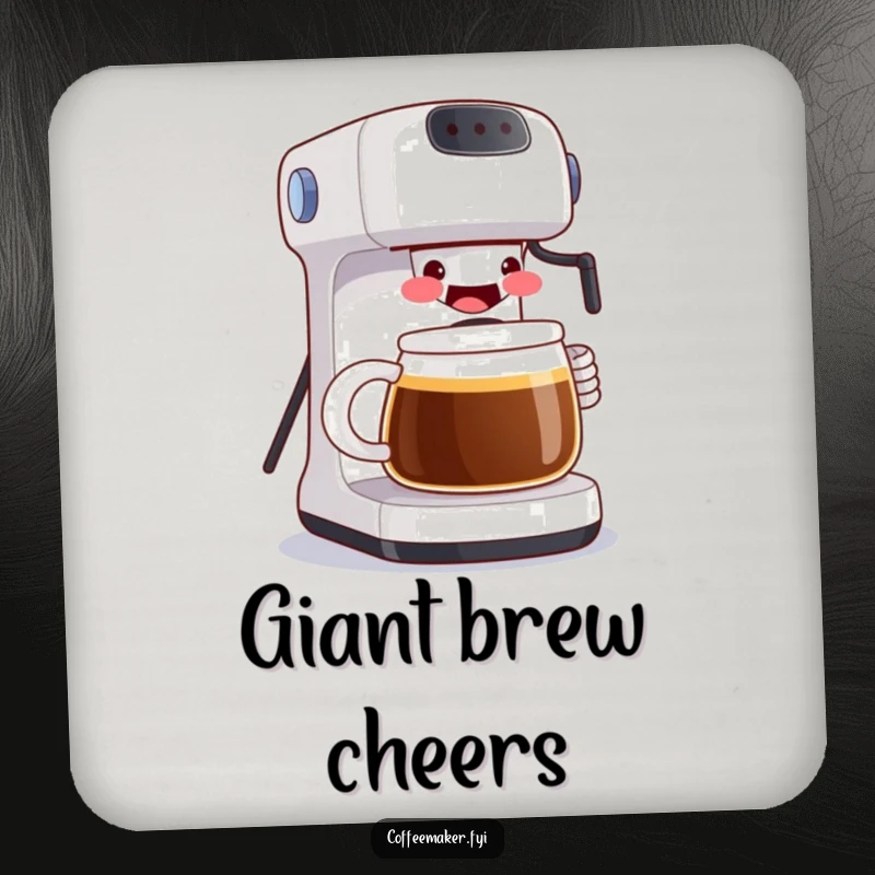 Funny drink coaster featuring a grinning coffee maker pouring a large mug, protecting surfaces with a dose of humor and personality. A charming accessory.