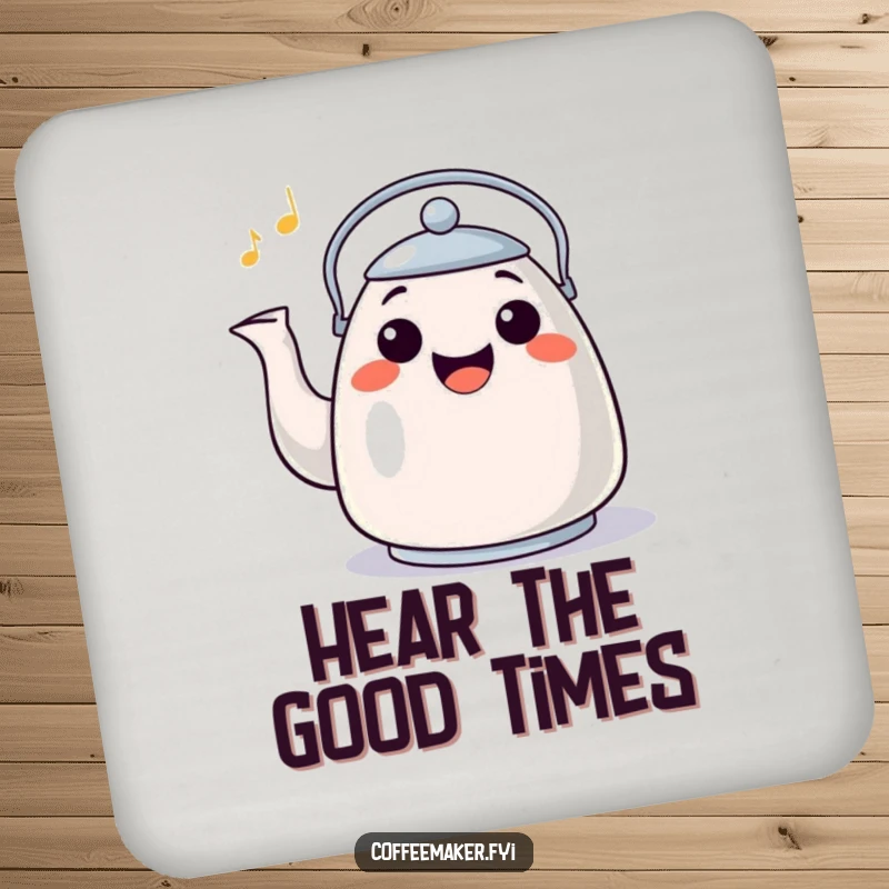 Funny Coaster: A happy kettle character whistling a cheerful tune, adding musical joy while protecting surfaces.