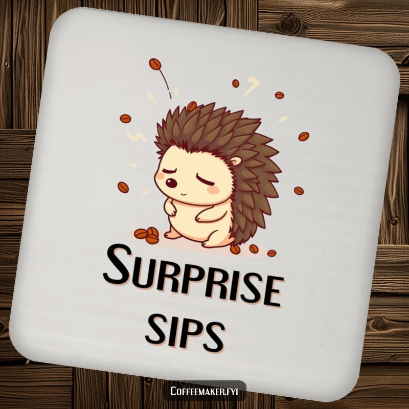 Funny hedgehog drink coaster with a sleepy hedgehog in a coffee bean hat startled by a steam explosion.