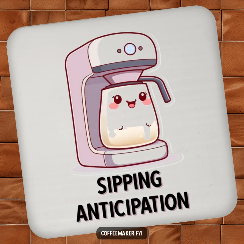 Funny Kawaii coffee maker coaster, character excited by a blinking brewing light, protecting surfaces.