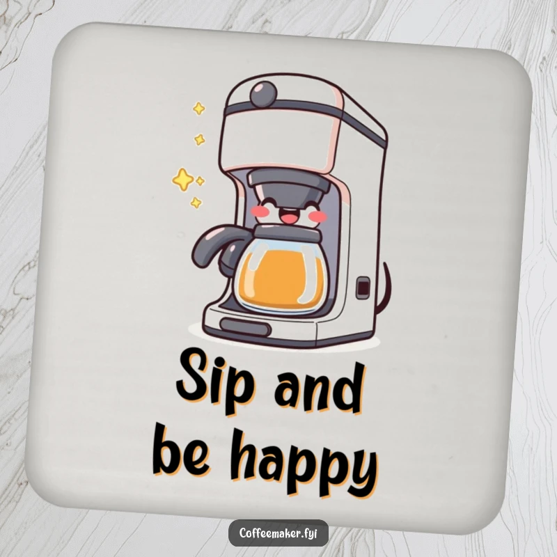 Funny Kawaii Coffee Maker Coaster depicting a character happily bubbling with joy, offering humorous surface protection.