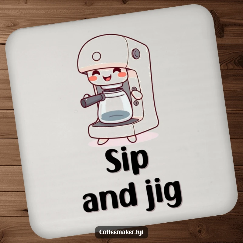 Funny drink coaster with a happy kawaii coffee maker jigging with its buttons pressed, perfect for adding humor to table settings.