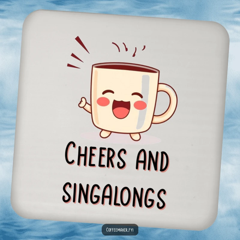 Funny coasters with a kawaii coffee mug character joyfully shouting, adding decorative and protective humor.