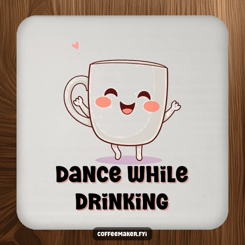 Funny Kawaii Coffee Mug Coaster featuring a cheerful mug character dancing joyfully, adding energetic and protective charm to surfaces.