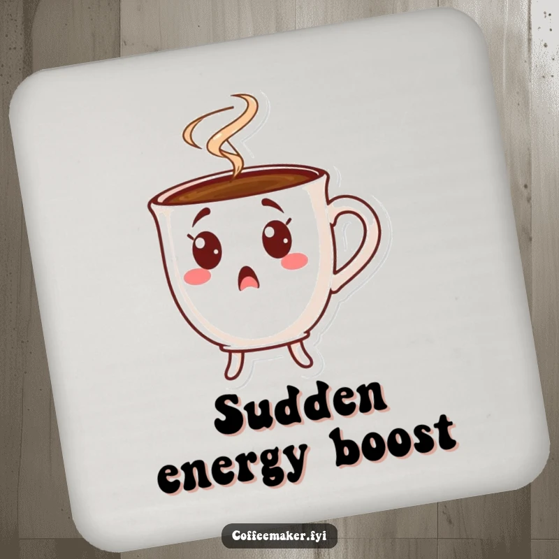 Funny surprised coffee cup coasters, a character showing shock with steam, protecting surfaces with humor.