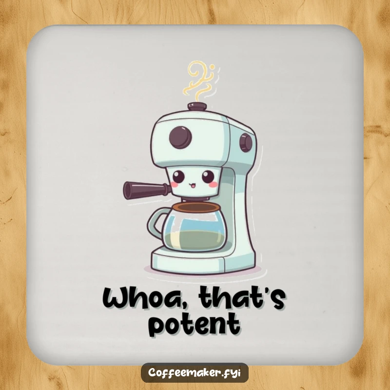Funny Surprised Coffee Maker Coaster: Coffee machine shocked with steam puffing, protecting surfaces with a humorous surprised expression.