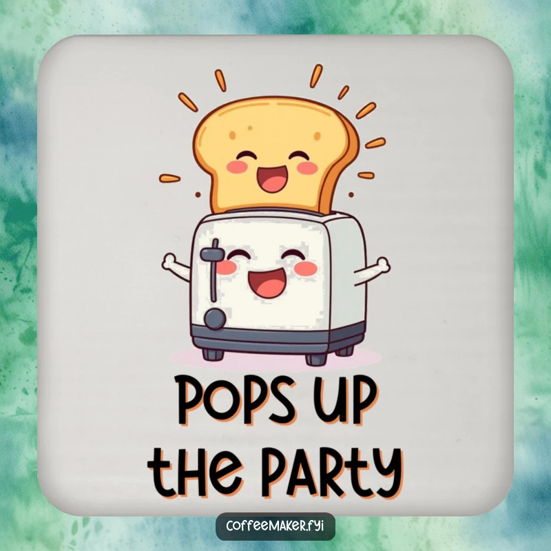 Funny Coaster: A laughing toaster character in a joyful toast explosion, protecting surfaces with humor.