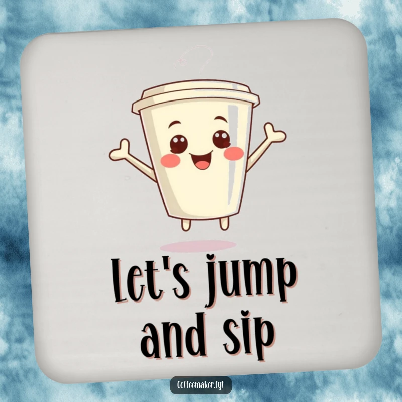 Funny Kawaii Coffee Cup Coasters with a giggling cup jumping with glee, protecting tables with humor and joy, ideal gift.