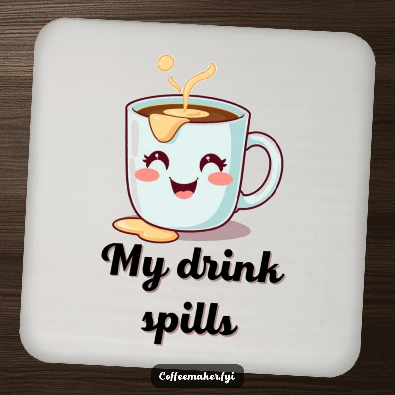 Funny coaster with a cute coffee mug character, happy and spilling coffee, protecting surfaces with humor.