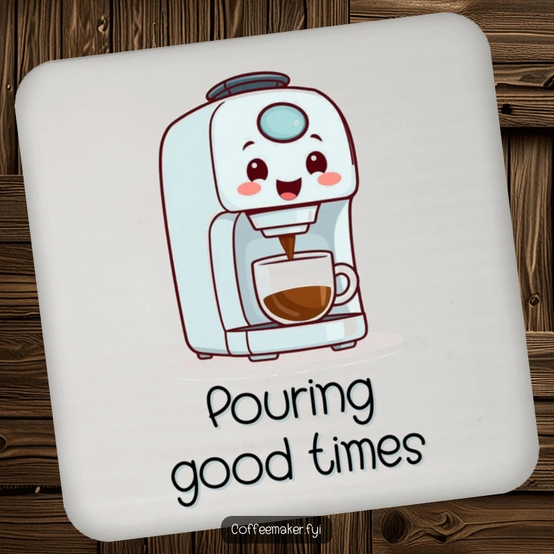 Funny, smiling coffee maker machine pouring coffee, depicted on coasters to safeguard furniture from drink rings.