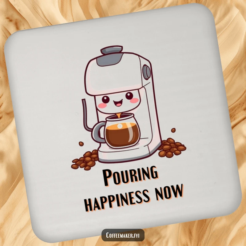 Funny Kawaii Coffee Maker Coaster depicting a cheerful character happily dispensing coffee, offering humorous surface protection.