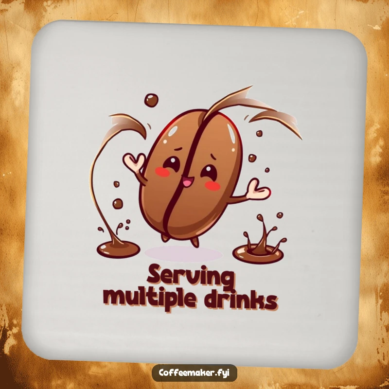 Funny coffee bean character juggling dark liquid streams on these coasters, showcasing skill and protecting surfaces.