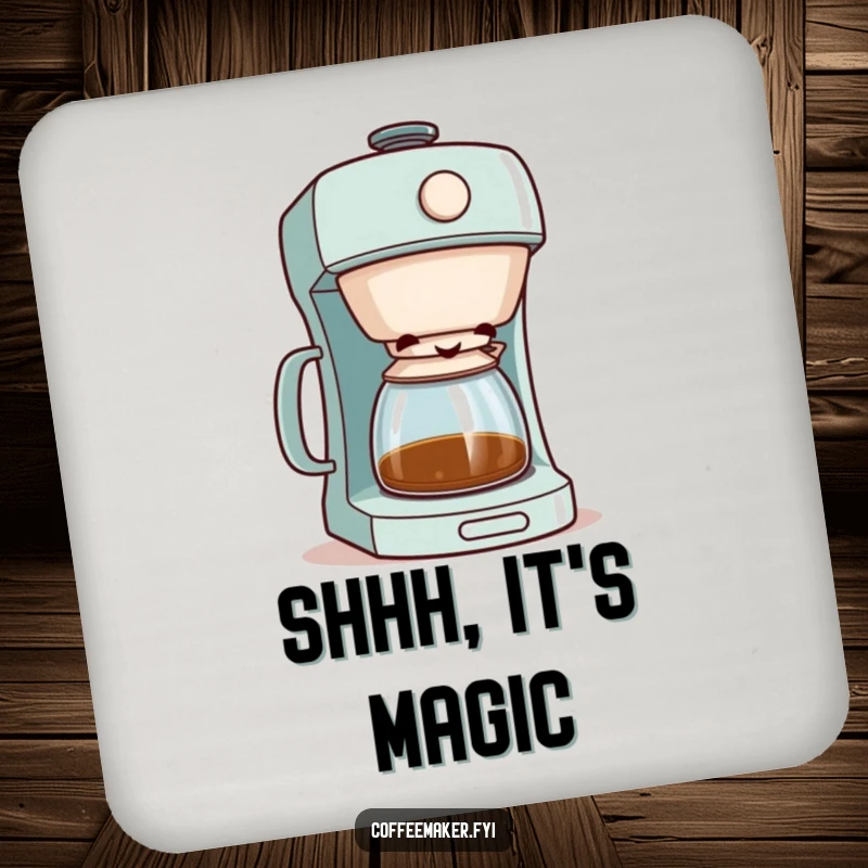 Funny coffee maker character peeking with a mischievous grin from its lid, depicted on a protective drink coaster.