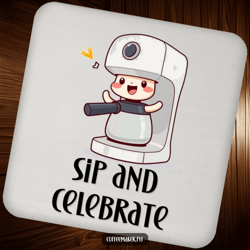 Funny Victorious Coffee Maker Coaster: Machine doing a happy shimmy, protecting surfaces with a celebratory and fun vibe.