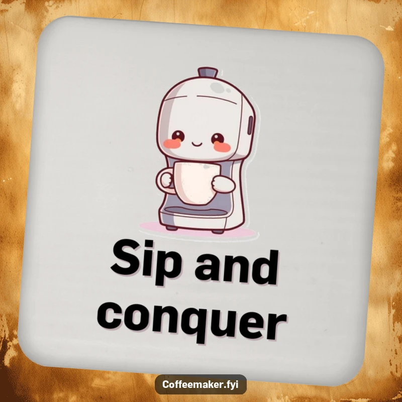 Funny Kawaii coffee maker coaster, character proudly holding a steaming cup, protecting tables from drink rings.