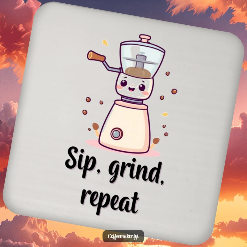 Funny Kawaii coffee grinder drink coasters, protecting surfaces with playful energy and coffee-themed charm.