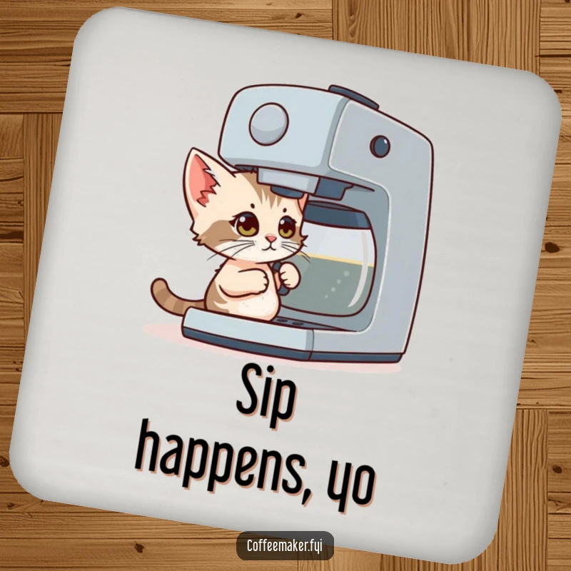 Funny Coaster: A determined tiny kitten with wide eyes is hilariously trying to operate a giant coffee maker.
