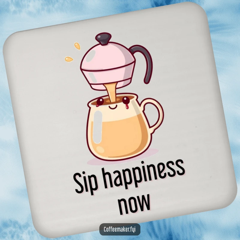 Funny Kawaii coffee pot drink coaster keeping surfaces safe while pouring a happy stream of joy.
