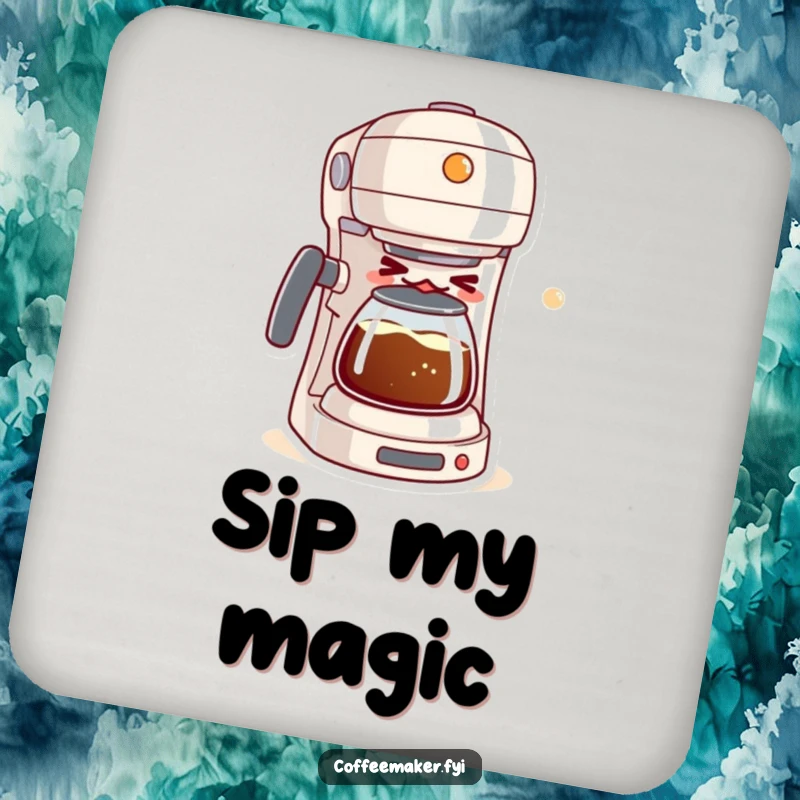 Funny drink coaster with a mischievous kawaii coffee maker winking while brewing a bubbly mixture, perfect for humorous table protection.