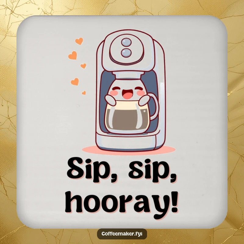Funny drink coaster featuring a singing coffee maker machine, joyfully gurgling, protecting surfaces with a humorous touch.