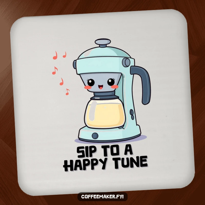 Funny Kawaii Percolator Coasters whistling a silly tune cheerfully, protecting tables with humor and charm, ideal gift.