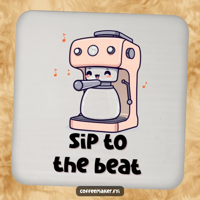Funny drink coaster with a coffee maker character wiggling its knobs like a conductor, bringing a musical and humorous vibe to your drink.