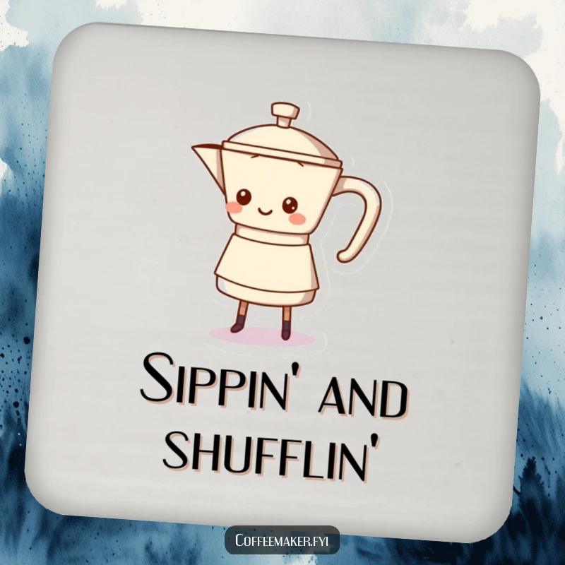 Funny coffee pot character doing a happy shuffle dance on these coasters, adding rhythm to tabletops.