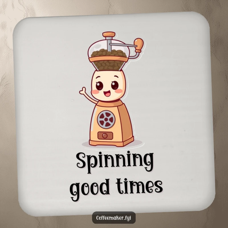 Funny cartoonish coffee grinder character happily spinning its mechanism on a round drink coaster.