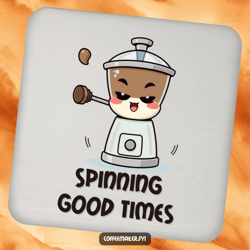 Funny Coaster: A mischievous coffee grinder character spinning rapidly, protecting surfaces with playful humor.