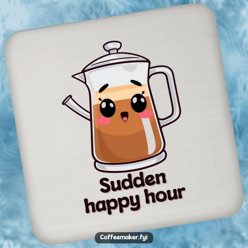 Funny drink coasters featuring a surprised coffee pot character, adding a humorous and protective element to tables.